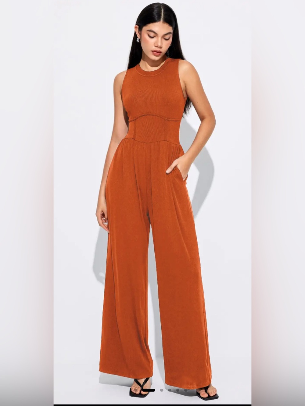 Cider Rib Solid Sleeveless Wide Leg Jumpsuit Brown Size M Womens